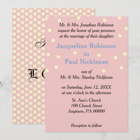 Invitation Mariage à points bleus Crème de Rose (Devant / Derrière)