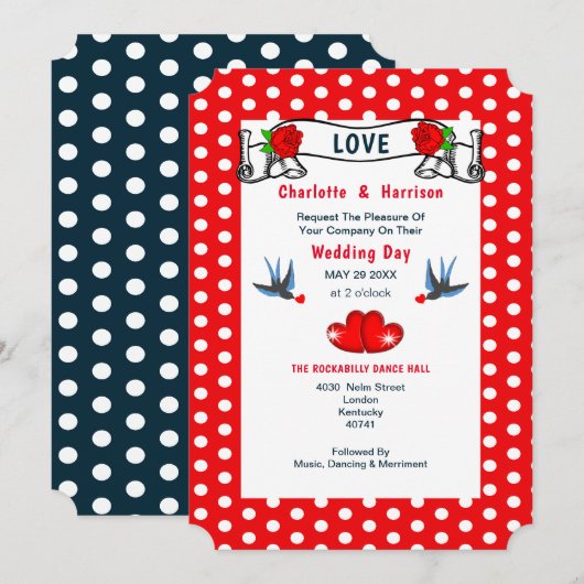 Invitation Mariage à points de la marine rouge Rockabilly Pol (Devant / Derrière)