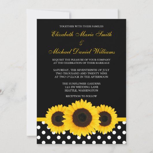 Invitation Mariage à points polka noir et blanc du tournesol  (Devant)