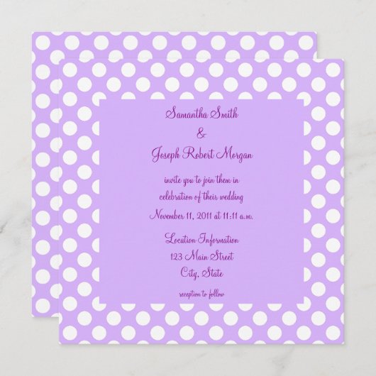 Invitation Mariage à points polka violet clair et blanc (Devant / Derrière)
