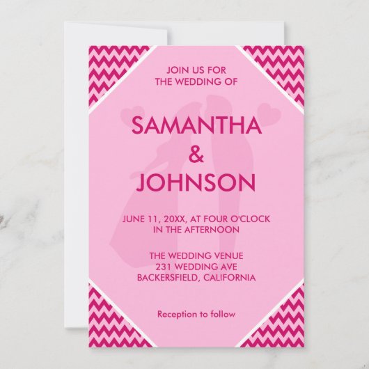 Invitation Mariage à rayures chevron rose Retro Blush (Devant)