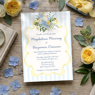 Invitation Mariage à rayures florales bleues jaunes dessinées