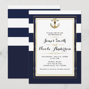 Invitation Mariage à rayures nautiques d'ancre blanche et or 