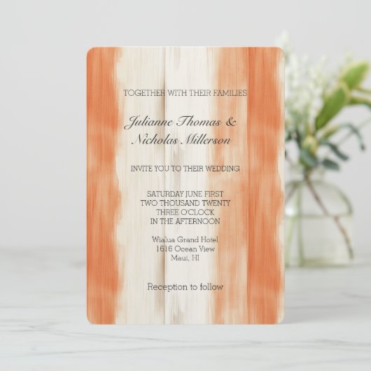 Invitation Mariage à rayures orange pêche crème (Debout devant)