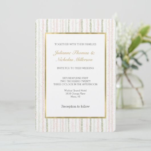 Invitation Mariage à rayures rose vert rose (Debout devant)