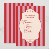 Invitation Mariage à rayures rouges et roses (Devant / Derrière)