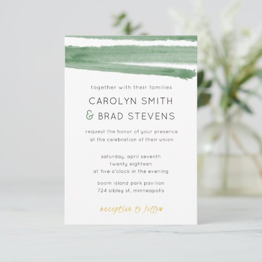 Invitation Mariage à rayures Sage Vert et or (Debout devant)