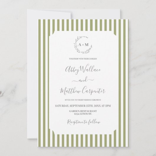 Invitation Mariage à rayures vert sauge (Devant)
