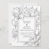 Invitation Mariage à ruban floral noir et blanc (Devant)