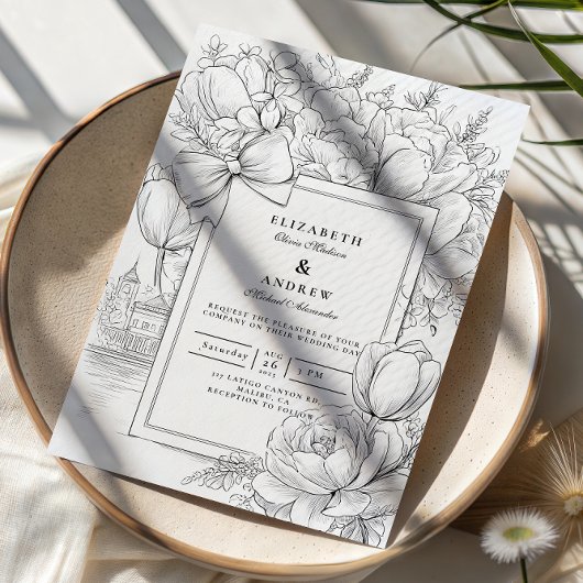 Invitation Mariage à ruban floral noir et blanc