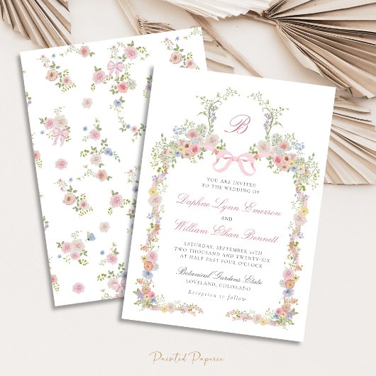 Invitation Mariage à Rubans Monogrammes et Fleurs Sauvages