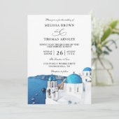 Invitation Mariage à Santorin Grèce Budget Code QR Aquarelle (Debout devant)