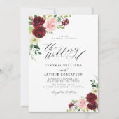 Invitation mariage à script floral bordeaux et roux (Devant)