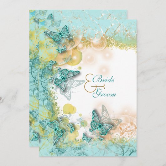 Invitation Mariage à thème Aqua Gold (Devant / Derrière)