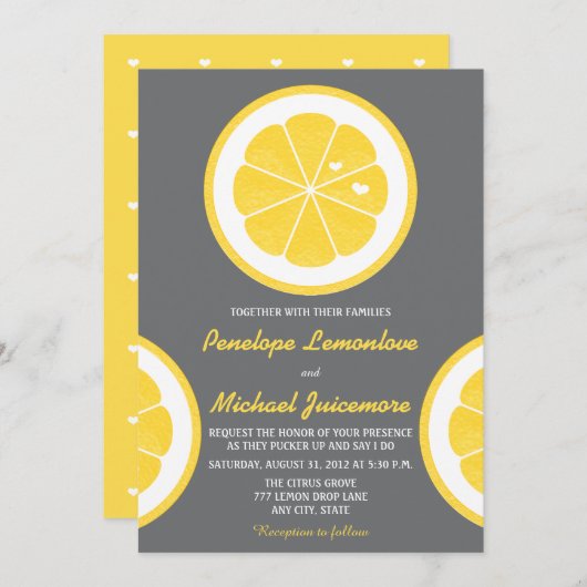 Invitation Mariage À THÈME DE LÉMON JAUNE ET GRIS (Devant / Derrière)