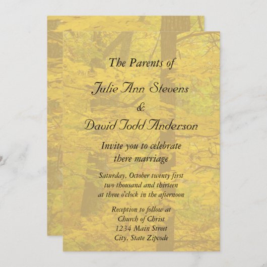 Invitation Mariage à thème Forêt d'automne jaune (Devant / Derrière)
