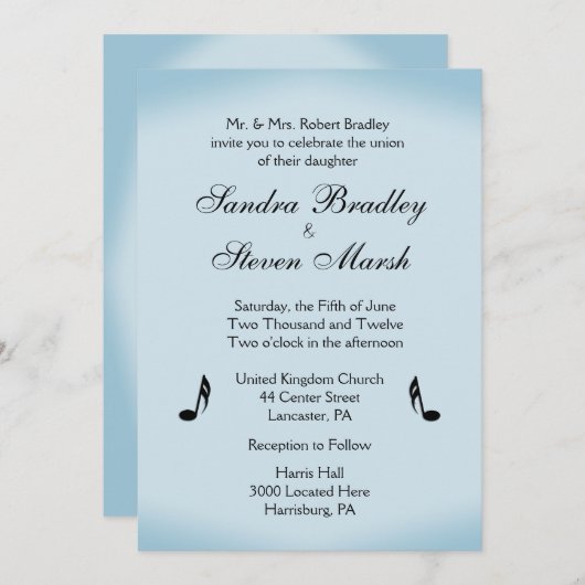 Invitation Mariage à thème Musique bleue (Devant / Derrière)