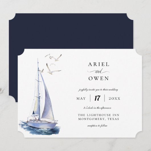 Invitation Mariage à thème nautique du yacht d'aquarelle (Devant / Derrière)