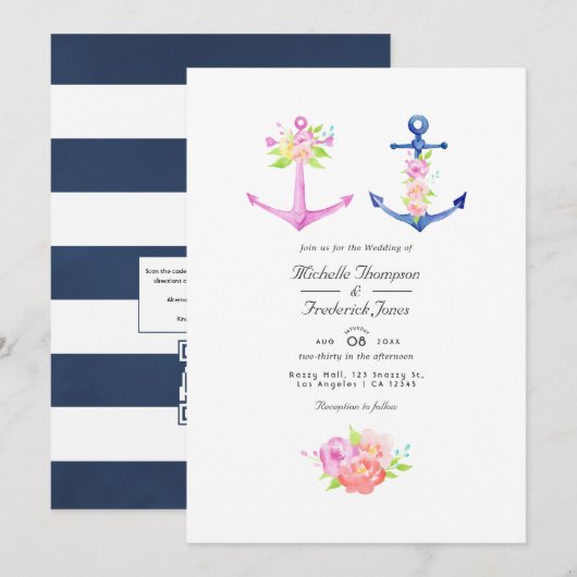 Invitation Mariage à thème nautique floral code QR aquarelle (Devant / Derrière)