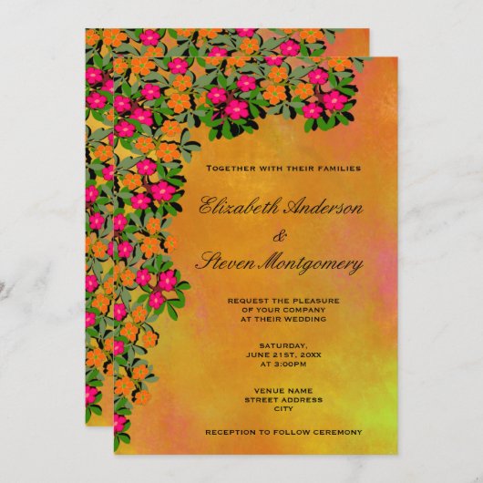 Invitation Mariage à thème rose et orange (Devant / Derrière)