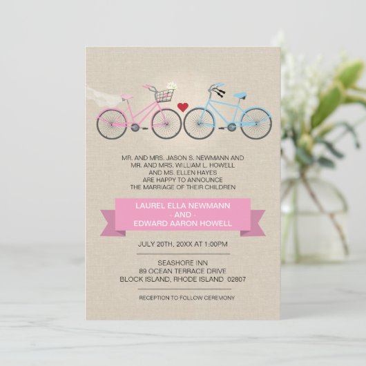 Invitation Mariage à vélo rose style lin (Debout devant)