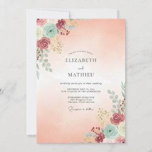 Invitation Mariage Abricot Aqua Ranunculus Eucalyptus