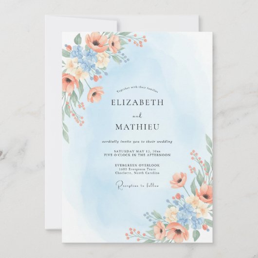 Invitation Mariage Abricot Azuré Ranunculus Eucalyptus (Devant)