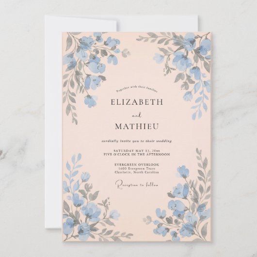 Invitation Mariage Abricot Bleuet Eucalyptus (Devant)