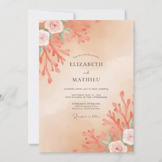 Invitation Mariage Abricot Corail Feuillage Eucalyptus (Devant)