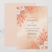 Invitation Mariage Abricot Corail Feuillage Eucalyptus (Devant / Derrière)