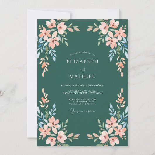 Invitation Mariage Abricot Cyan Foncé Feuillu (Devant)