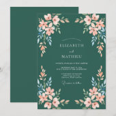 Invitation Mariage Abricot Cyan Foncé Feuillu (Devant / Derrière)