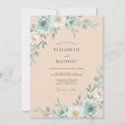 Invitation Mariage Abricot Mousse de Mer Succulente Eucalyptu (Devant)
