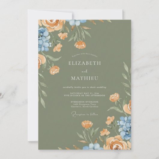 Invitation Mariage Abricot Olive Ranunculus Eucalyptus (Devant)