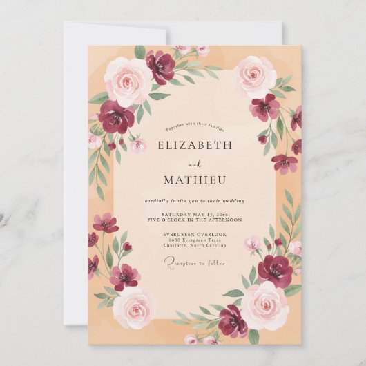 Invitation Mariage Abricot Prune Feuillage Doux Eucalyptus (Devant)