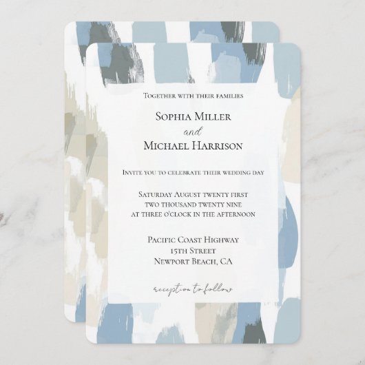 Invitation Mariage Abstrait à crème blanche bleue (Devant / Derrière)