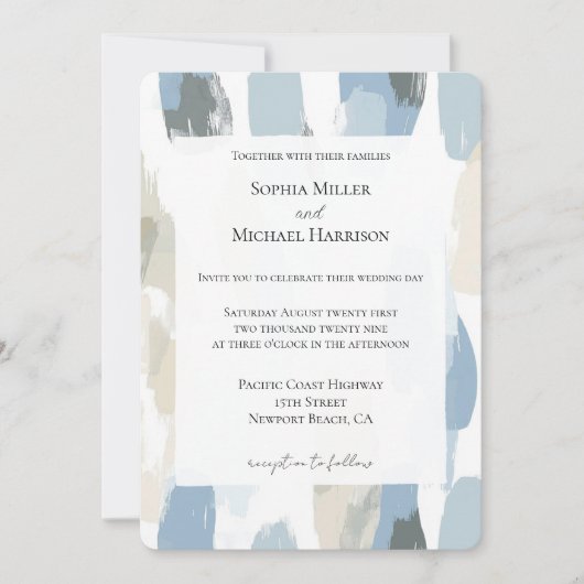 Invitation Mariage Abstrait à crème blanche bleue (Devant)