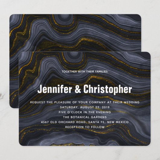 Invitation Mariage Abstrait Agate Or Moderne Noir Gris-Bleu (Devant / Derrière)