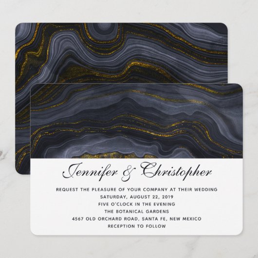 Invitation Mariage Abstrait Agate Or Moderne Noir Gris-Bleu (Devant / Derrière)