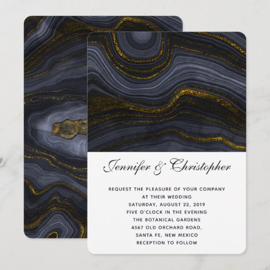 Invitation Mariage Abstrait Agate Or Moderne Noir Gris-Bleu (Devant / Derrière)
