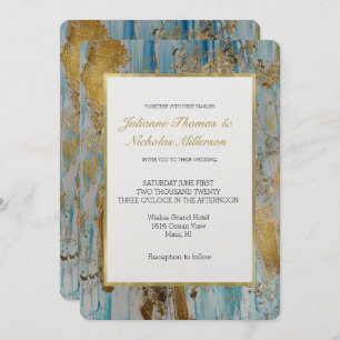 Invitation Mariage Abstrait Aqua Blue Gold