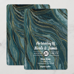 Invitation Mariage Abstrait Aquarelle Bleu Sarcelle Or