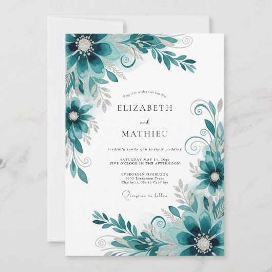 Invitation Mariage Abstrait aux Fleurs de Teal (Devant)