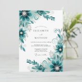 Invitation Mariage Abstrait aux Fleurs de Teal (Debout devant)