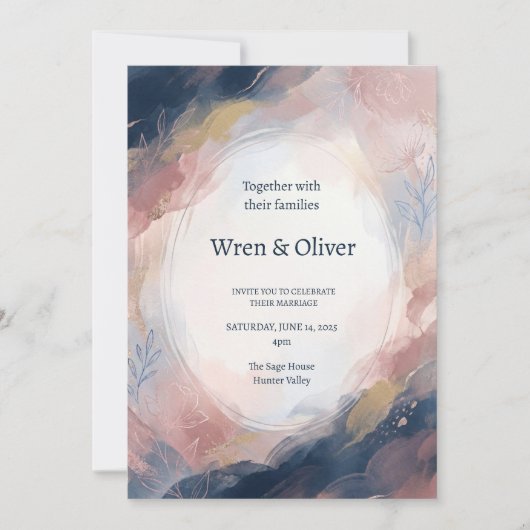 Invitation Mariage Abstrait Bleu Marine Rose (Devant)