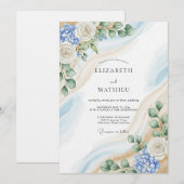 Invitation Mariage Abstrait Botanique Bleu et Blanc (Devant / Derrière)
