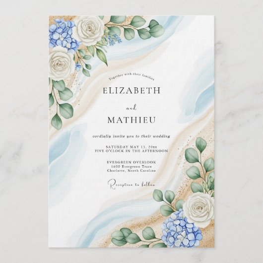 Invitation Mariage Abstrait Botanique Bleu et Blanc (Devant)