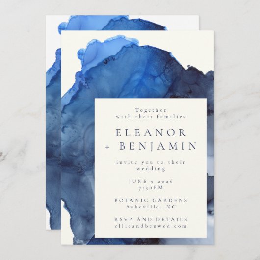 Invitation Mariage Abstrait d'aquarelle bleu tendance (Devant / Derrière)