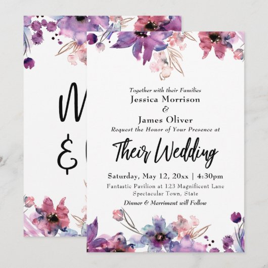 Invitation Mariage Abstrait d'aquarelle moderne Florals (Devant / Derrière)