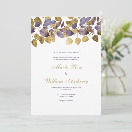 Invitation Mariage Abstrait de feuillage doré brun violet (Debout devant)